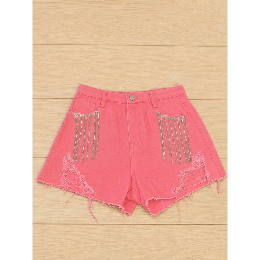 Blue B Collection Pink Rhinestone Fringe Distressed Denim Shorts Women's Medium